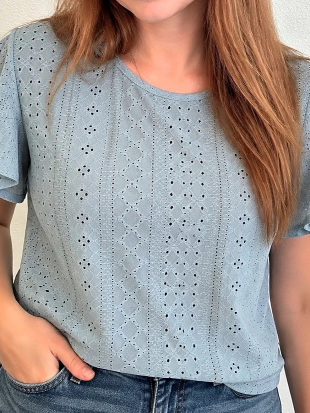 WIHOLL Flutter Sleeve Blouse in Baby Blue Size Large NWT